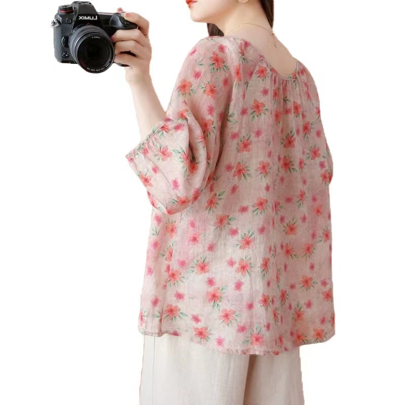 Elegant Printed Cardigan Cotton Lantern Sleeve Blouse Top