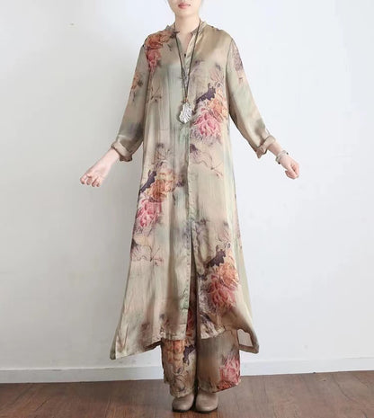 Loose Retro Printed Silk Cardigan Flutter Top + Wide Leg Pants Two Pieces