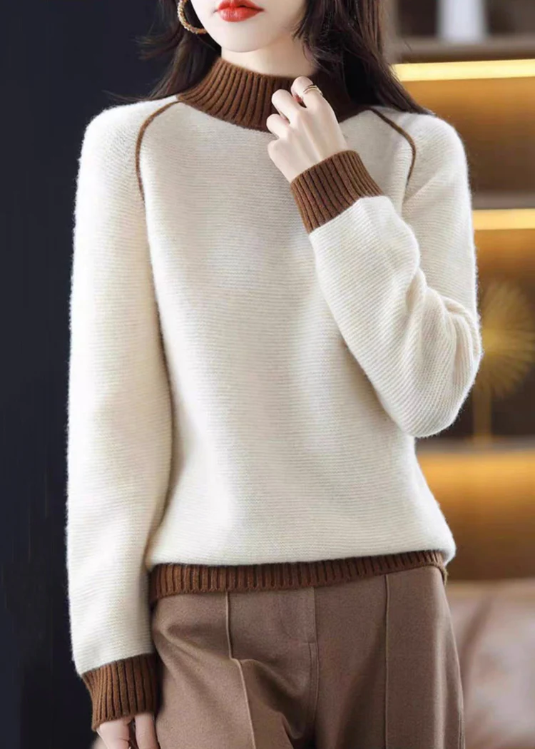 High neck cosy patchwork wool knit jumper