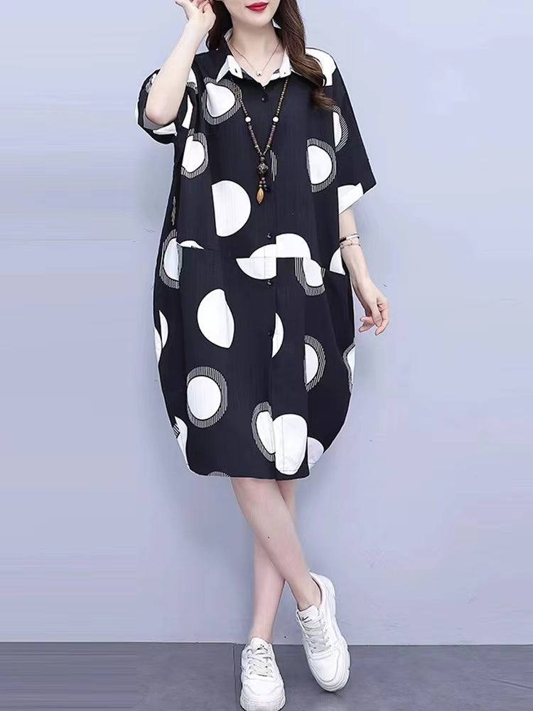 Loose Polka Dot Print Short Sleeve Shirt Dress