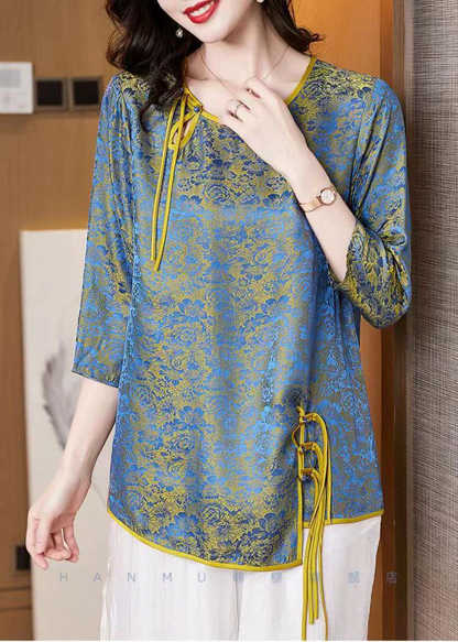 French O Neck Asymmetric Jacquard Silk Colorblocked Half Sleeve Blouse Top