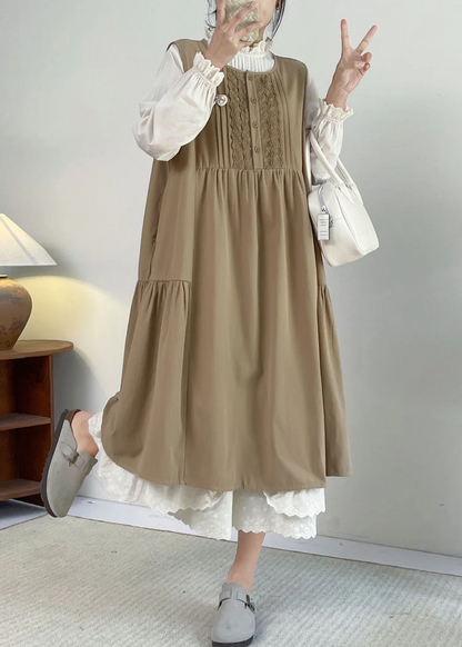 Elegant Khaki Round Neck Lace Sleeveless Long Dress