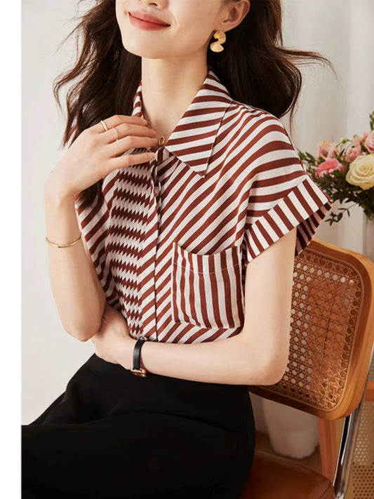 Loose Asymmetrical Color-Crossing Striped Shirt Top