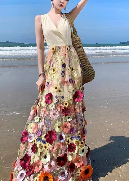 French V-Neck Tulle Embroidered Patchwork Floral Tulle Sleeveless Long Dress