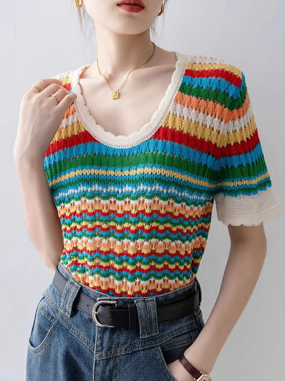 Elegant Rainbow Stripe Hollow Out Knit Short Sleeve Shirt Top