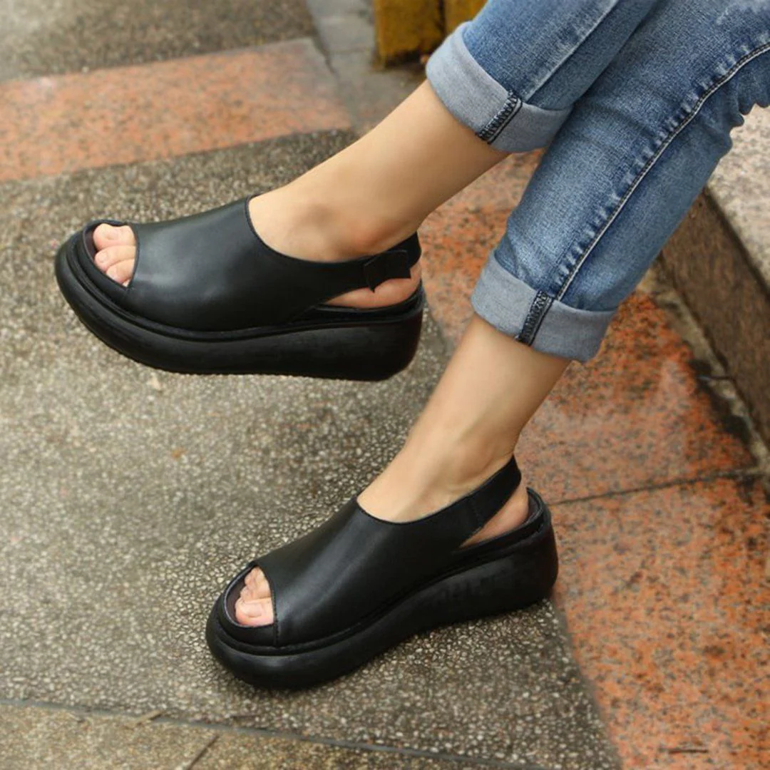 Casual Cowhide Shoes Coffee Slope Heel Sandals