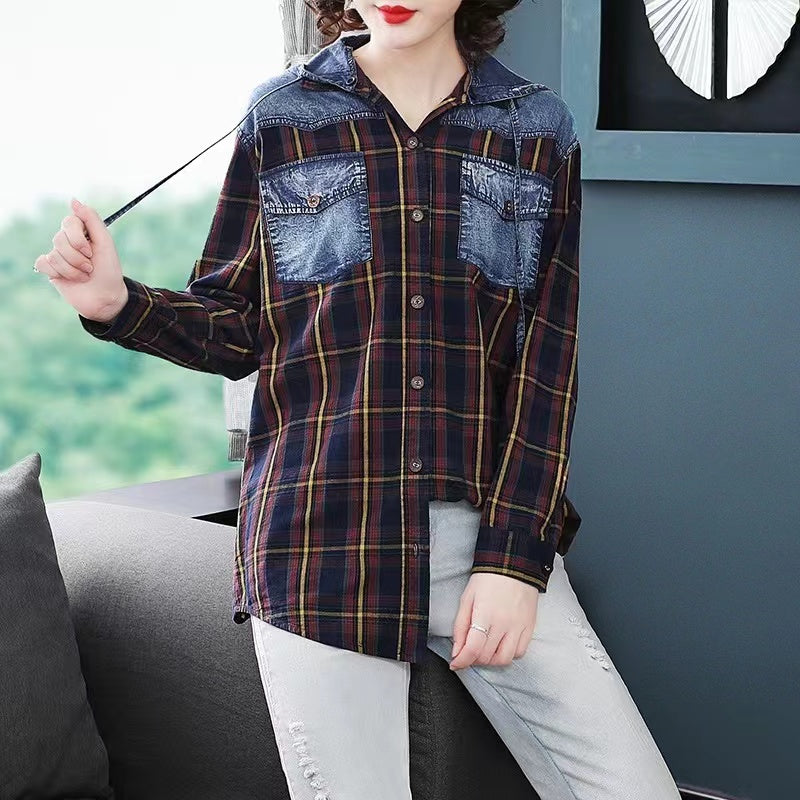 Casual Patchwork Plaid Cardigan Long Sleeve Denim Shirt Top