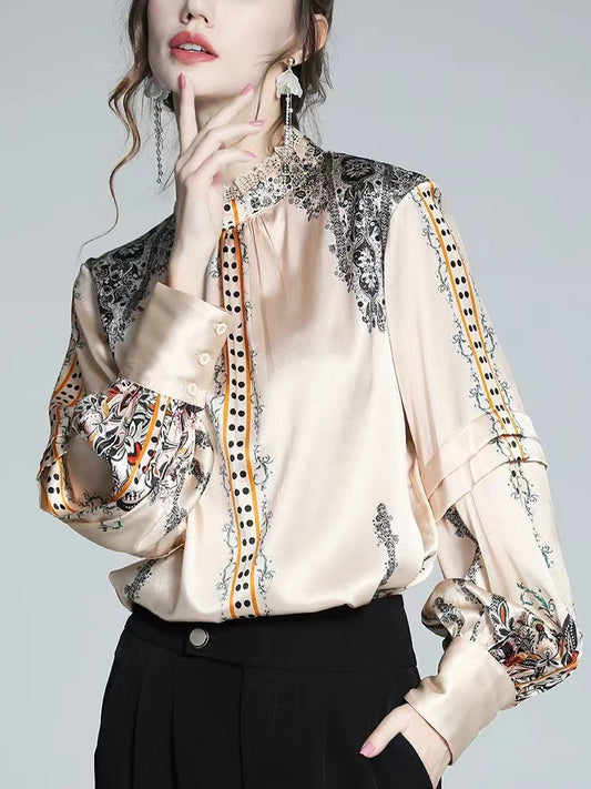 Elegant Standing Collar Printed Lace Patchwork Silk Blouse