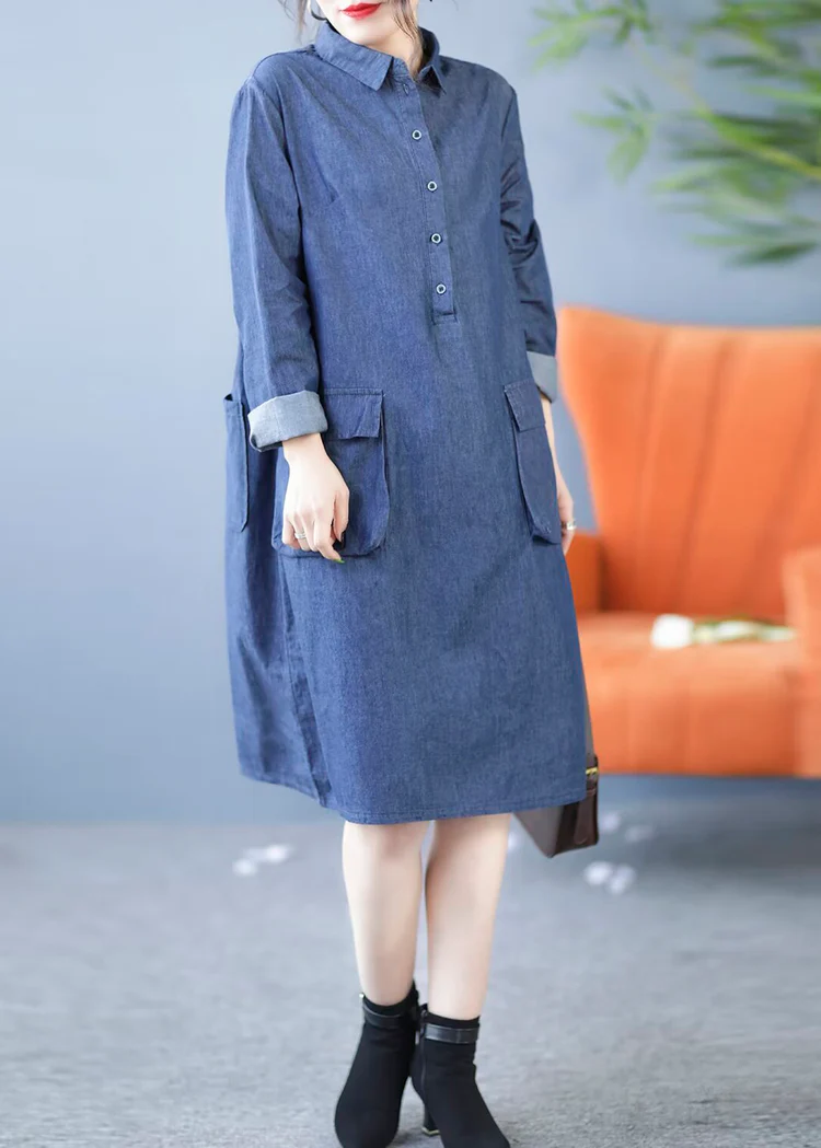 Stylish Lapel Cardigan Pocket Denim Shirt Dress