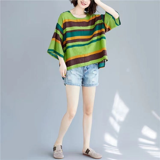 Casual Printed Clashing Stripe Cotton Linen Round Neck T Shirt Top