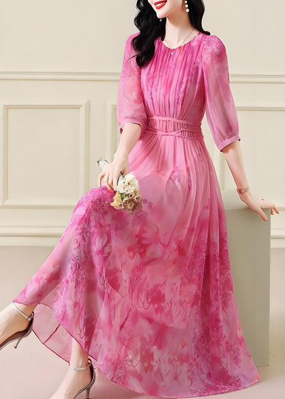 Women's Pink Printed Ruched Tie Waist Long Half Sleeve Dress