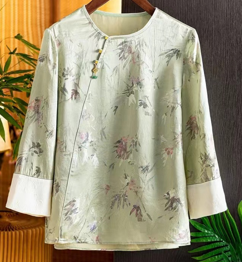 Chinese Bamboo Leaf Jacquard Asymmetric Fringe Long Sleeve Silk Top