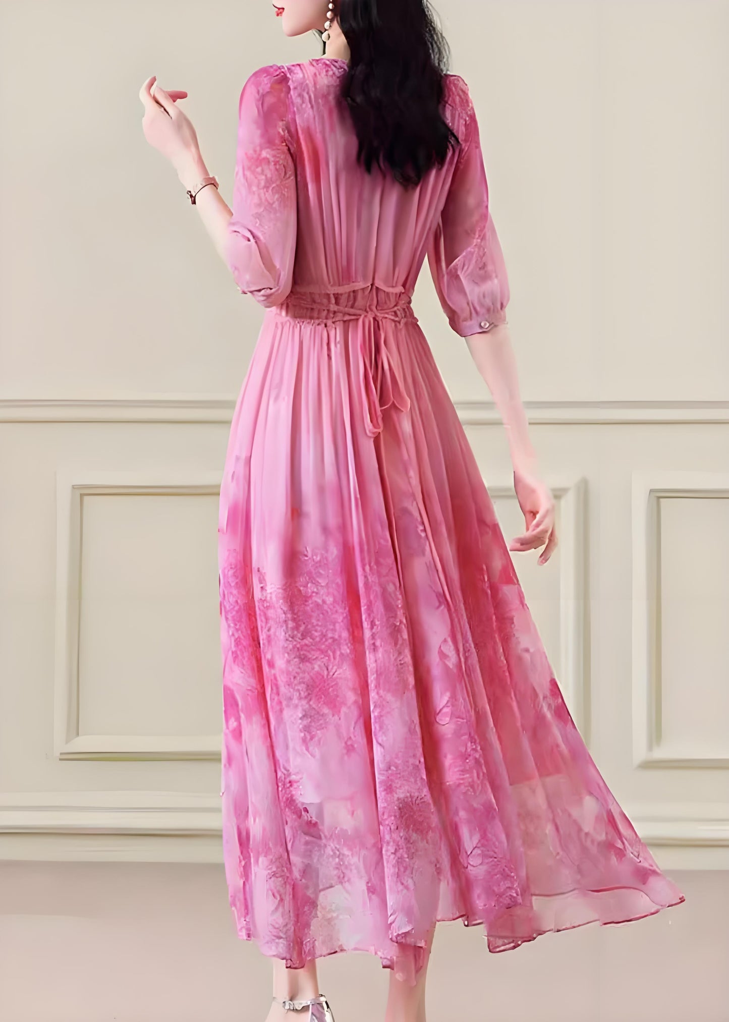 Women's Pink Printed Ruched Tie Waist Long Half Sleeve Dress