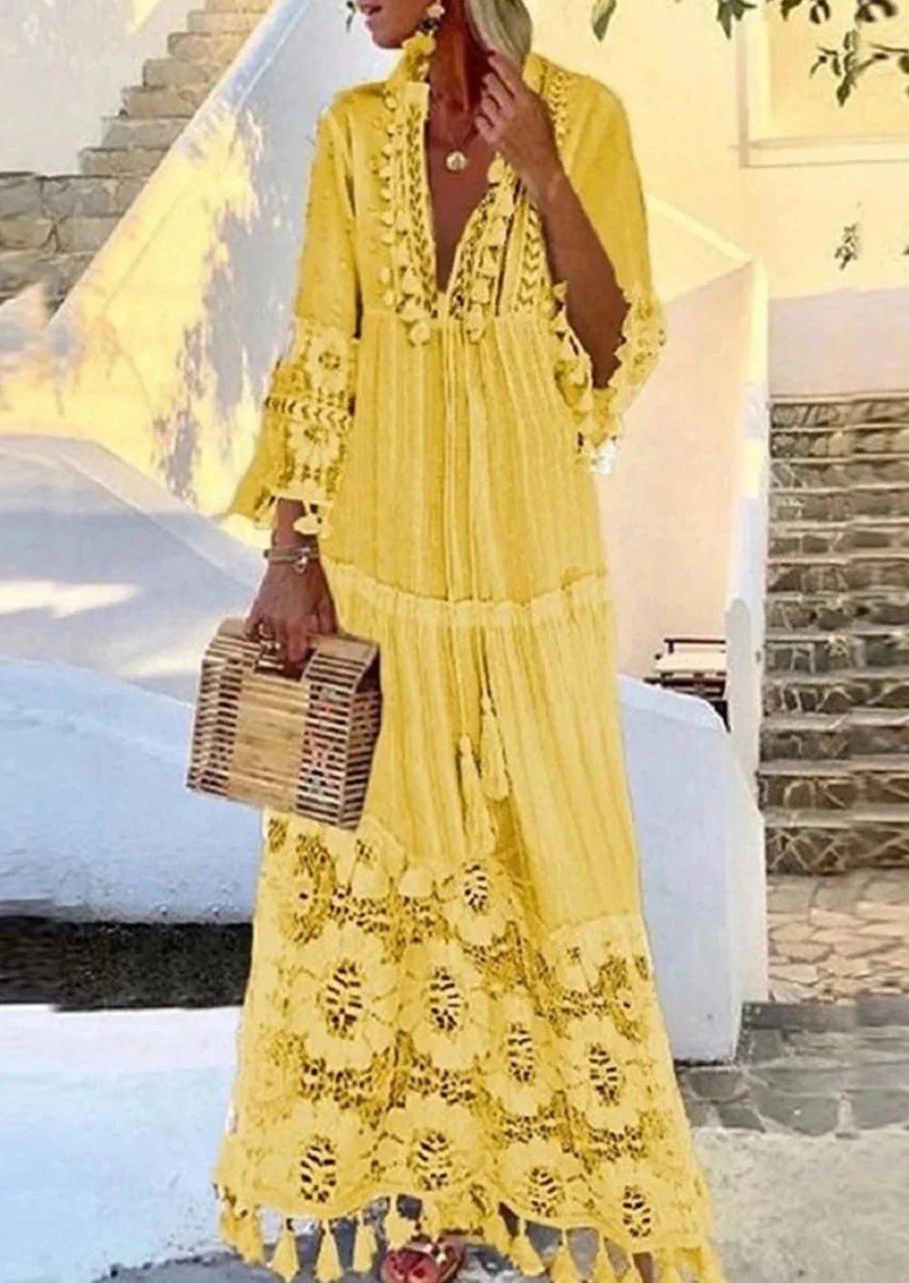 Bohemian Deep V-Neck Lace Fringe Long Dress