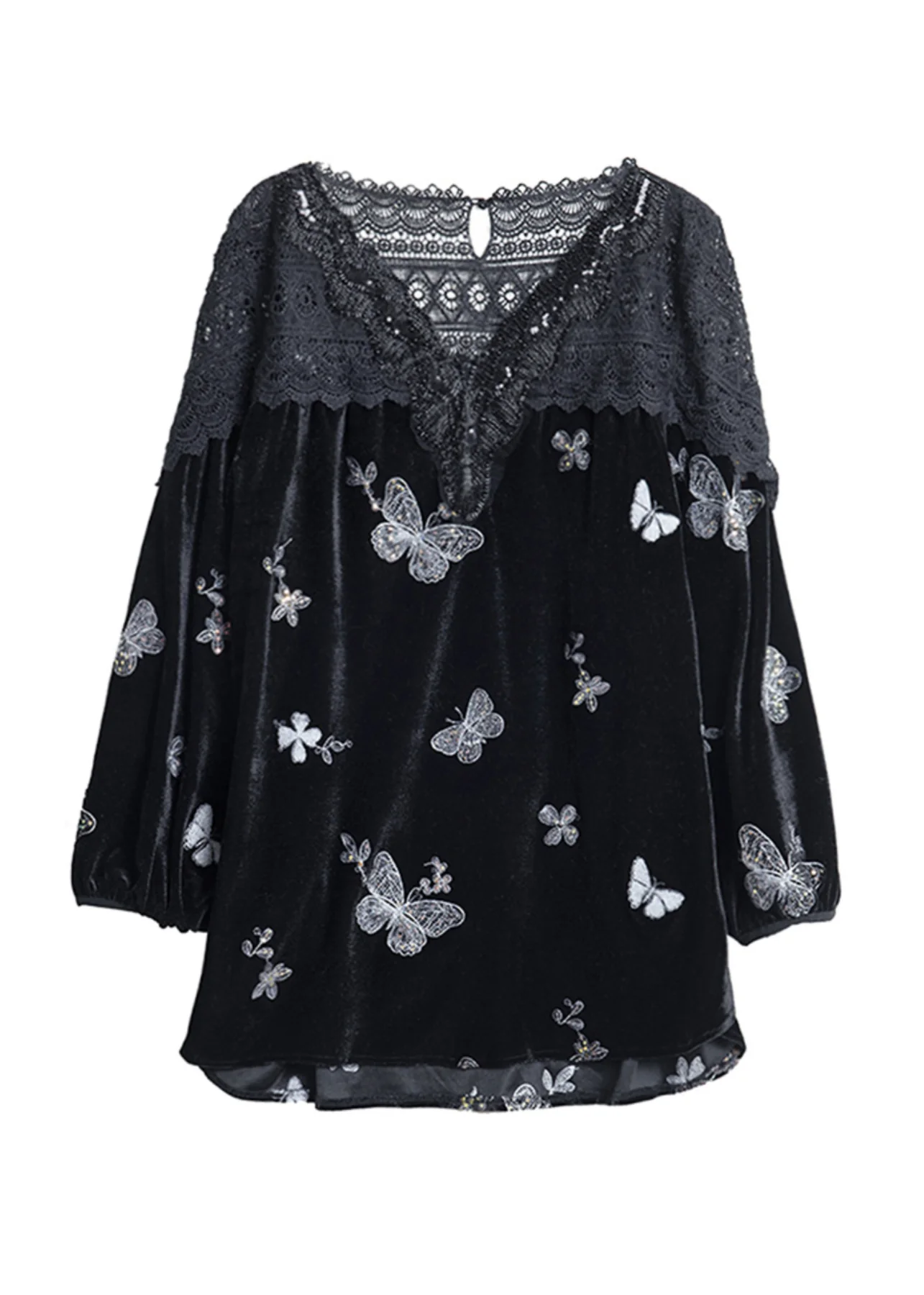 Women's Plus Size V Neck Lace Butterfly Patchwork Velvet Top Spring