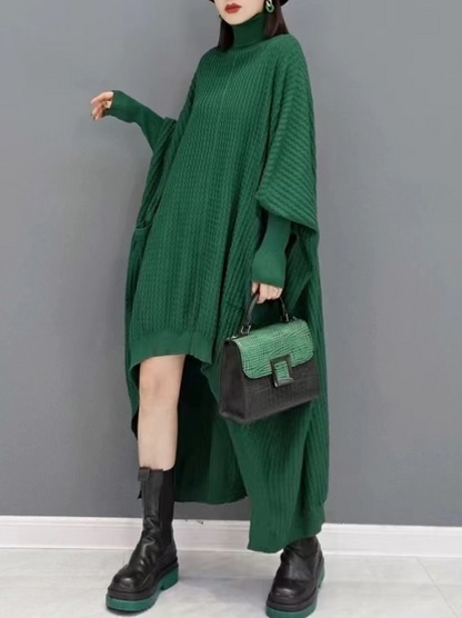 Casual Big Silhouette Knit Sweater Dress High Neck Asymmetric Bat Sleeve