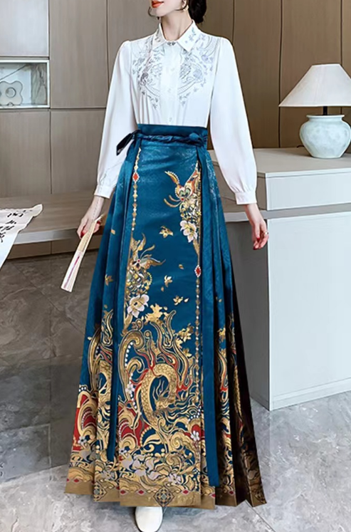 Elegant High Waist Blue Printed Pleated Skirt