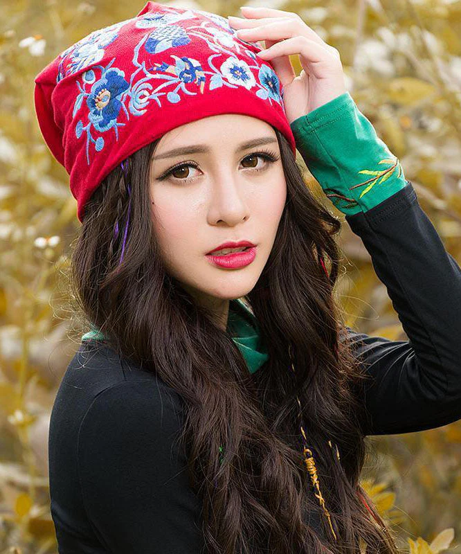 Women's Yellow Embroidered Floral Cotton Bonnet Spring