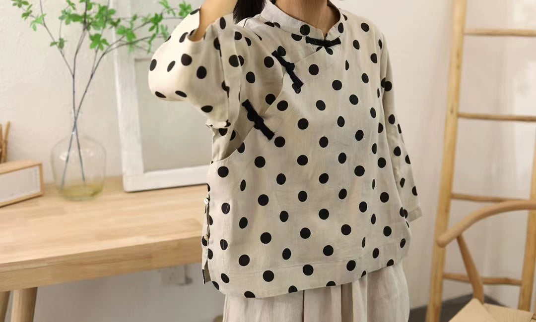 Women's Vintage Spring Dot Linen Slant Open Shirt