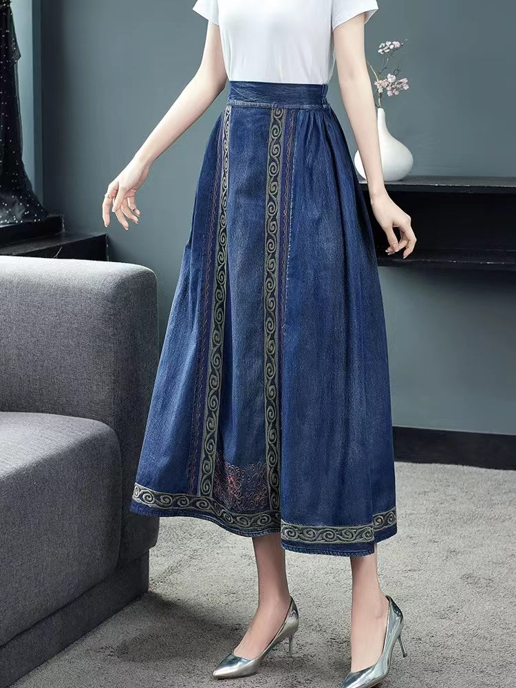 High Waist Geometric Embroidery Long Half Skirt