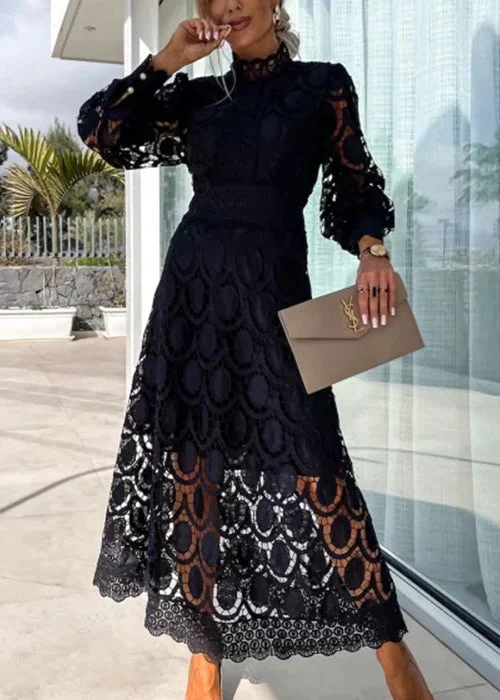 French Stand Collar Hollow Lace Long Dress Long Sleeve