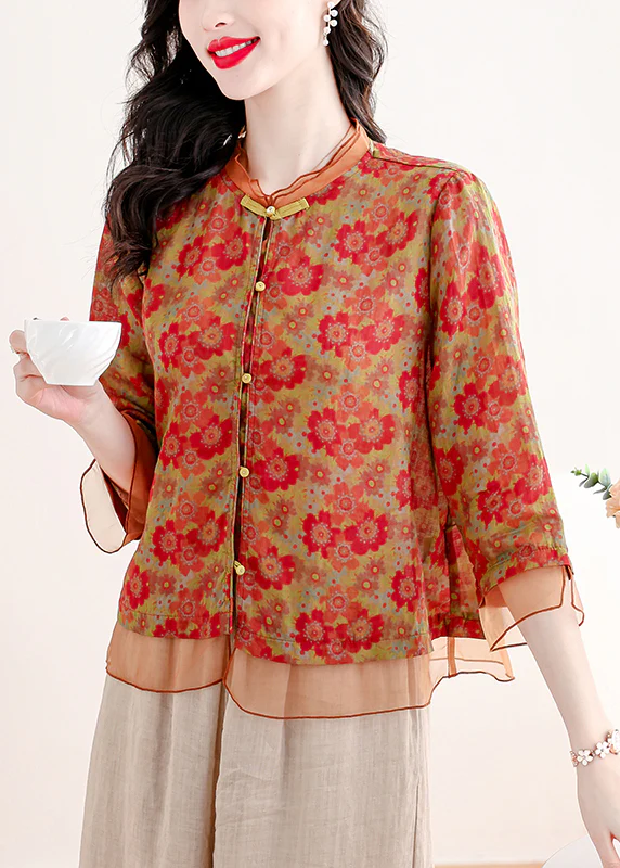 Elegant Standing Collar Printed Patchwork Linen Shirt Top