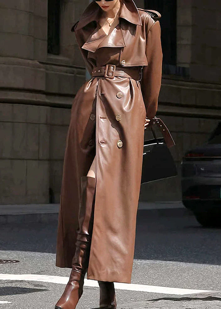 Women's Loose Mouth Buttoned Faux Leather Long Trench Coat