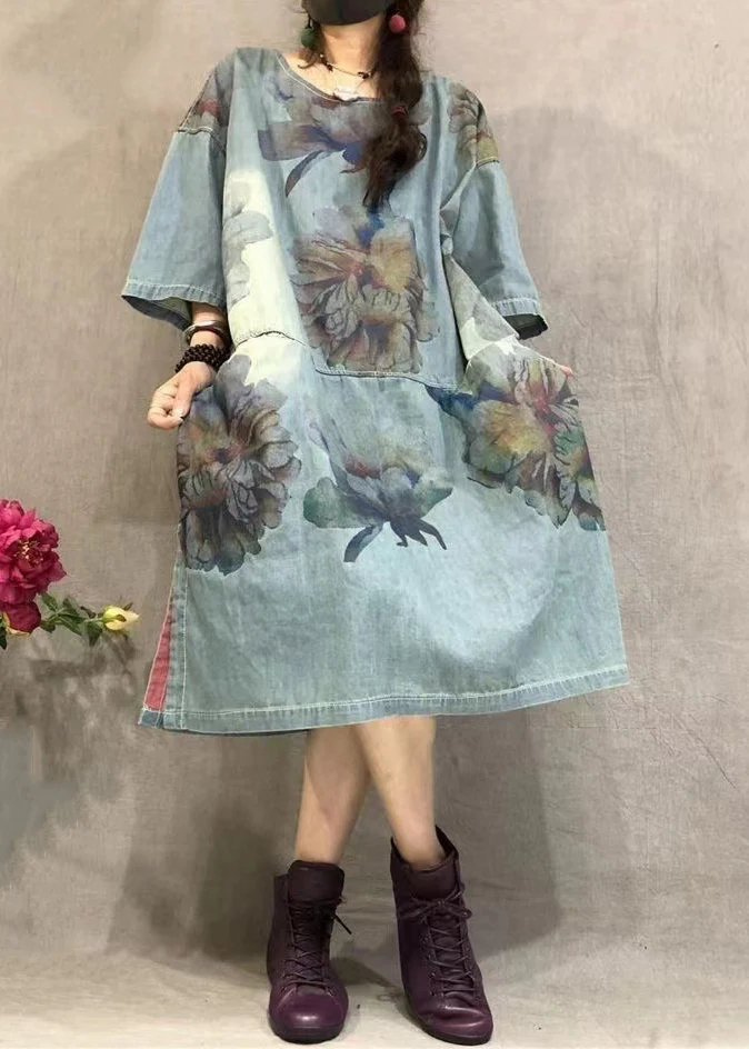 O Neck Printed Side Split Denim Short Sleeve Dress