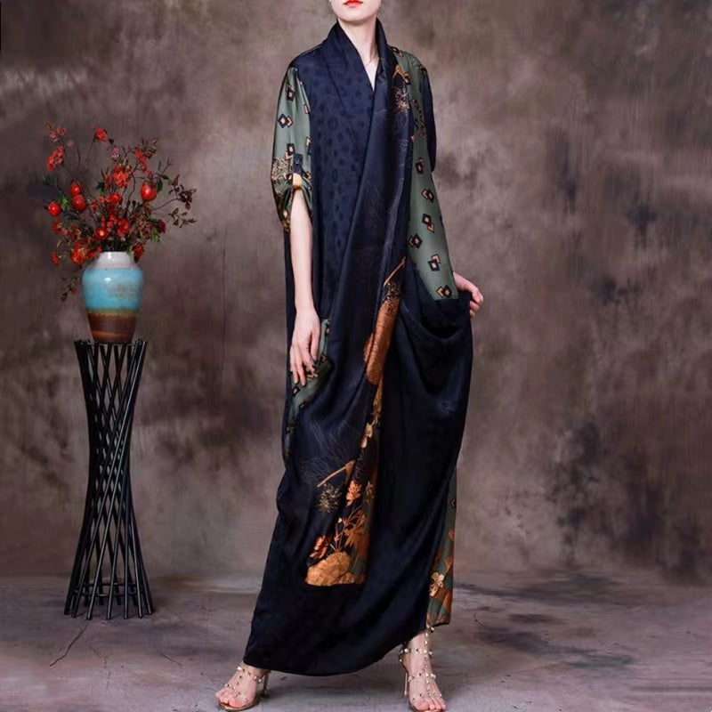 V-Neck Patchwork Printed Silk Long Sleeve Dress