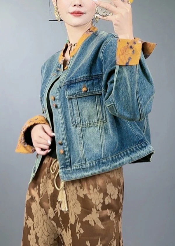 Loose Button Pocket Quilted Denim Jacket