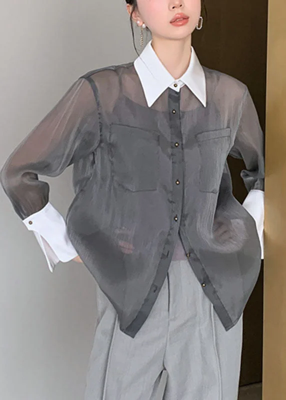 Women's Cardigan Peter Pan Collar Buttoned Silk Cotton Shirt