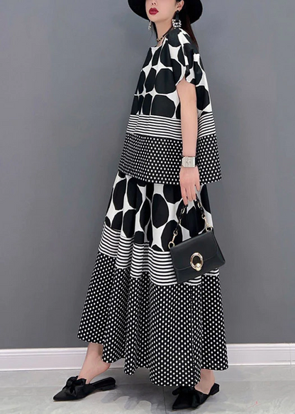 Loose O-neck polka dot print chiffon top and skirt two-piece set