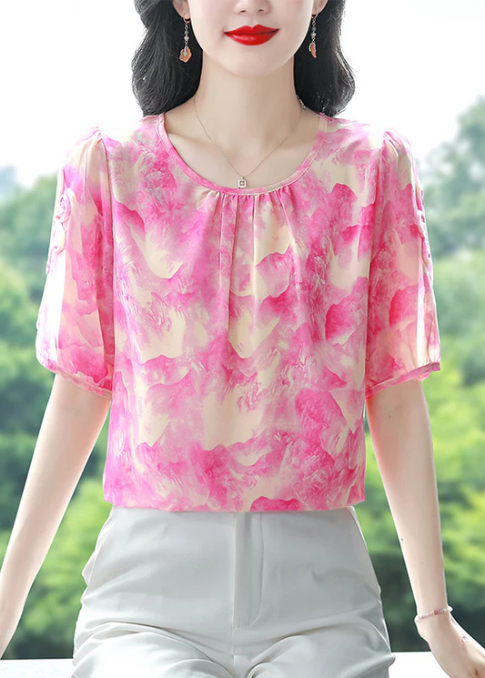 Round Neck Printed Chiffon Shirt Short Sleeve Top