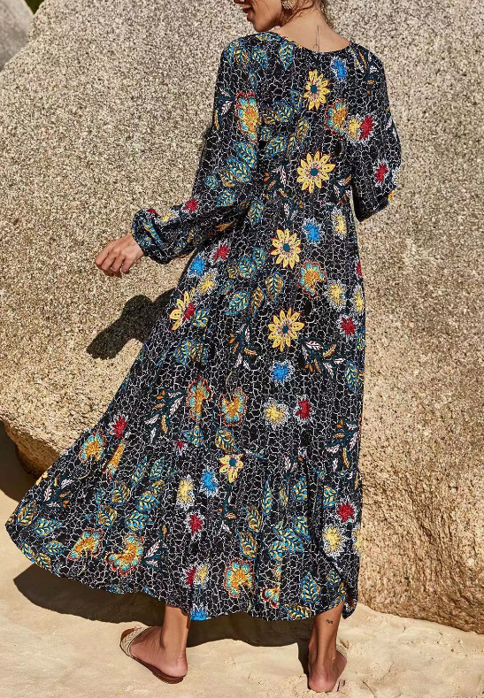 Elegant Printed Strappy Long Sleeve Dress