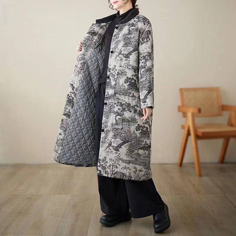 Vintage large silhouette print fine cotton padding long coat