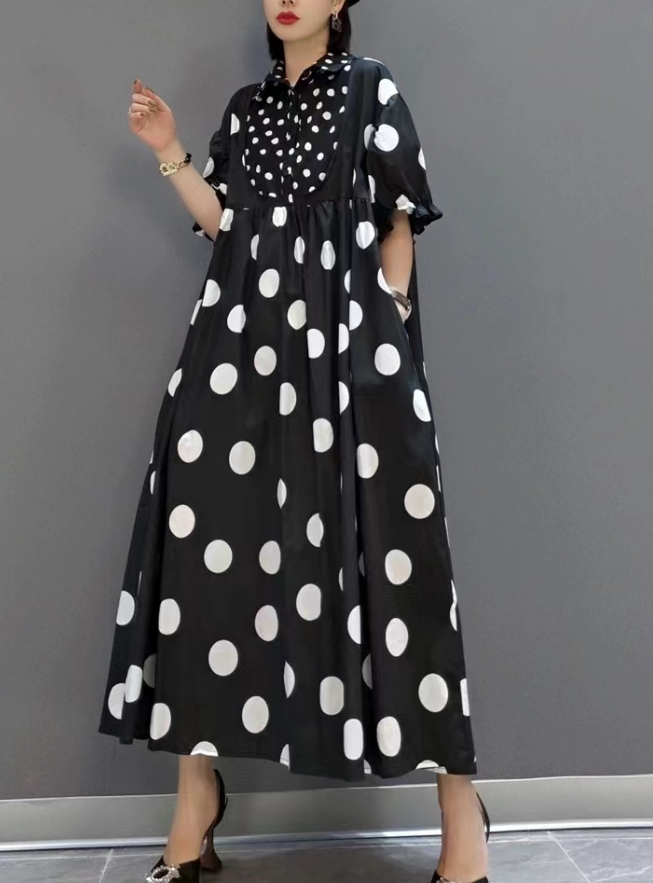 Casual Black and White Polka Dot Short Sleeve Shirt Dress