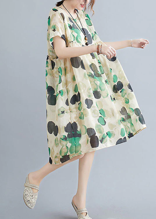 French Dot Print Linen Short Sleeve Dress