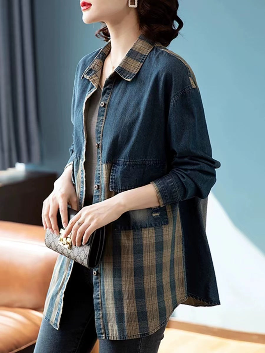 Loose Patchwork Colorblocked Lapel Cardigan Denim Jacket