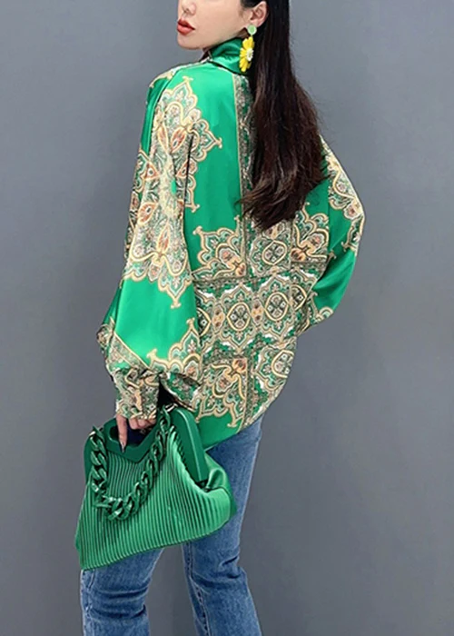 Fashion Green Nail Bead Print Patchwork Silk Blouse Batwing Sleeve Top