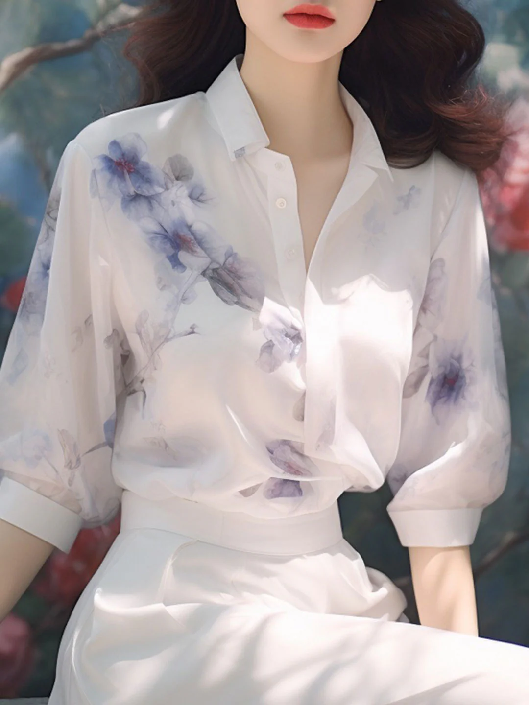 Elegant Lapel Printed Chiffon Long Sleeve Blouse Top