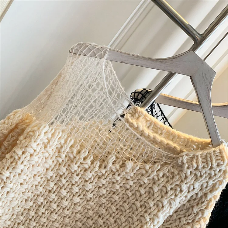 Loose Round Neck Hollow Knit Long Sleeve Sweater