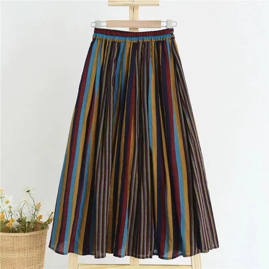 Vintage colorful oversized striped cotton A-line skirt