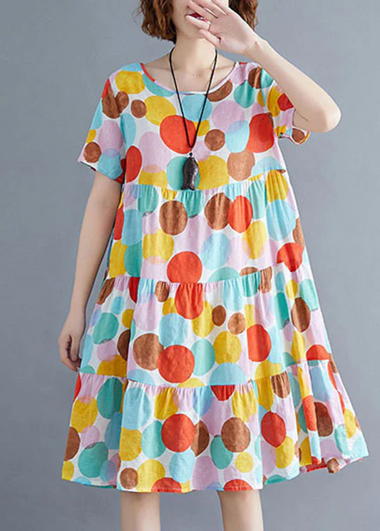 Women's O-neck polka dot printed cotton pleated dress