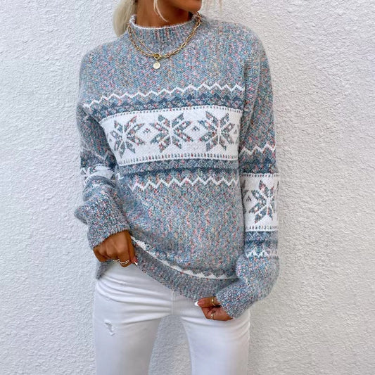 High neck pullover snowflake geometric knit jumper