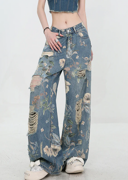 Personalised printed ripped high-waisted jeans