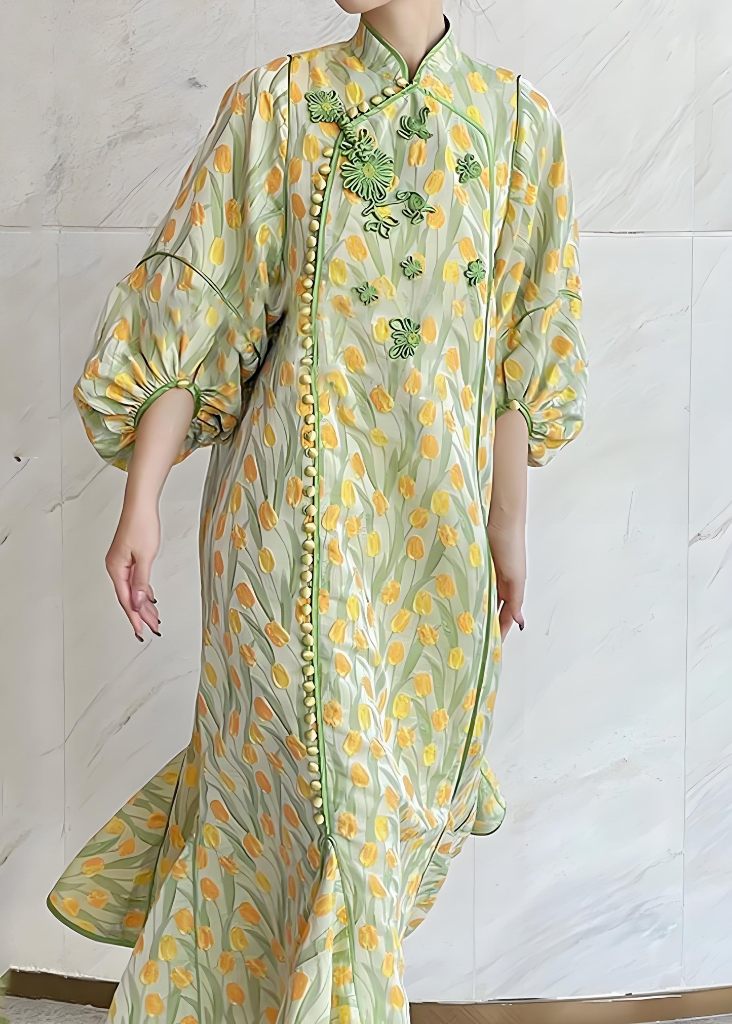 Women's Embroidered Button Silk Long Dress Spring