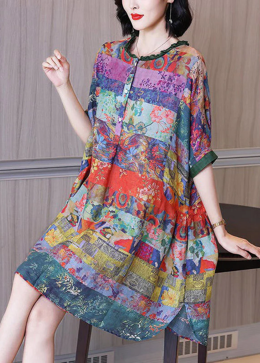 Fashion Printed Button Side Split Linen Vacation Dress Half Sleeve