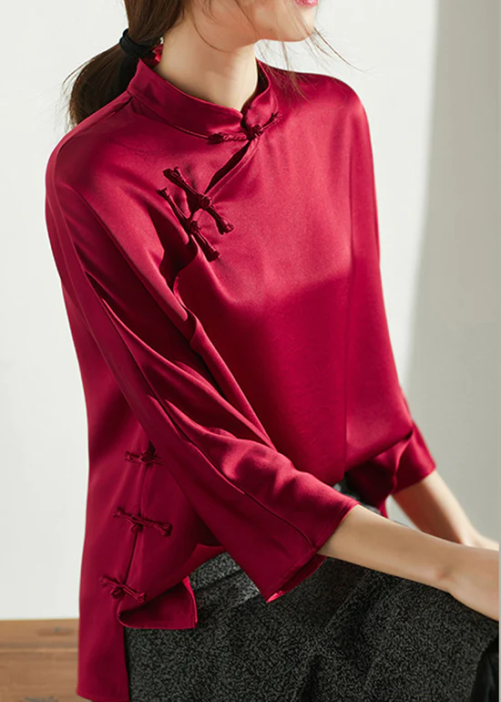 Elegant Standing Collar Side Split Silk Blouse Three-Quarter Top