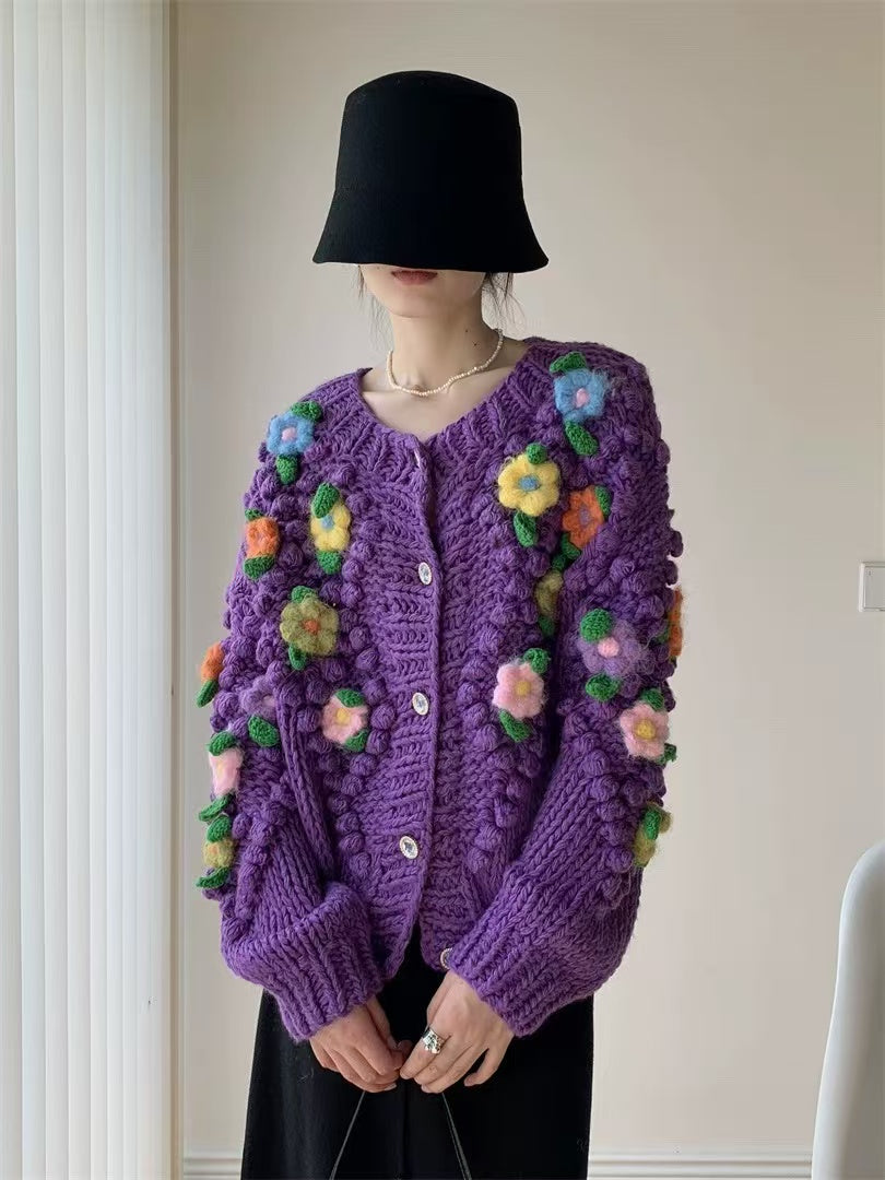 Elegant Crafted Cubic Floral Purple Knitted Sweater