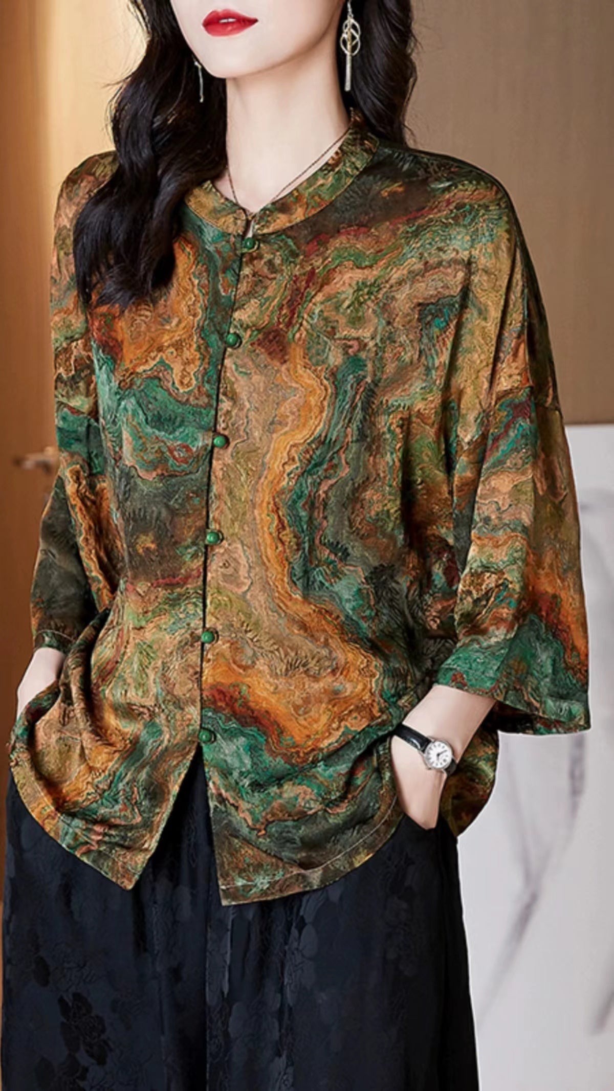 Collar Button Printed Silk Shirt Top